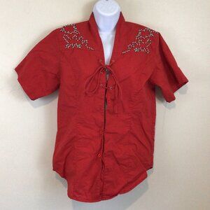 VTG Vintage Red Short Sleeve Button Down Tie Neck Western Cowgirl Cowboy Shirt